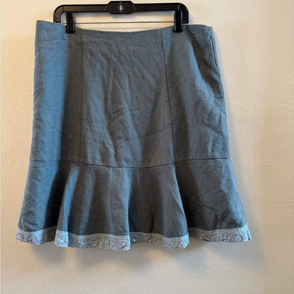 Studio Y Herringbone Flare Skirt Teal/Grey, Lace Hem, Coquette Y2K Style, 15/16